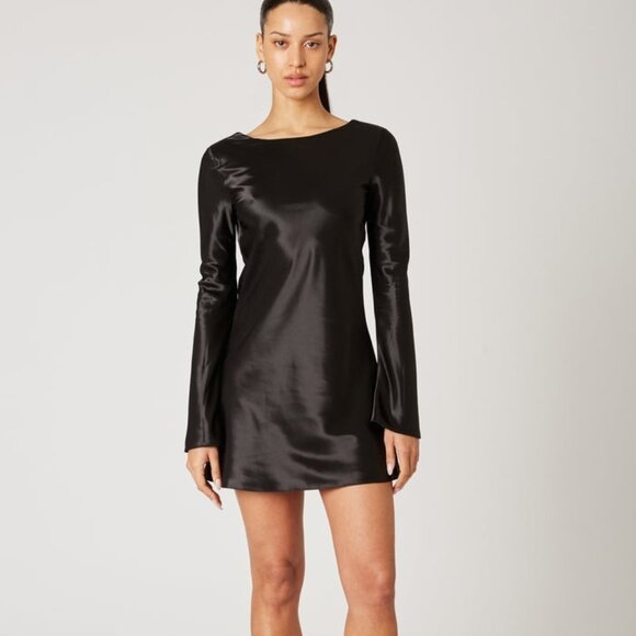 88$ NIA KIM Satin Open-Back Mini Party Dress Long Sleeves Women's Size S Black - Picture 4 of 5